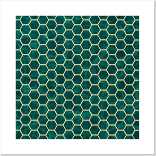 Ornamental Pattern Green Gold Hexagons Posters and Art